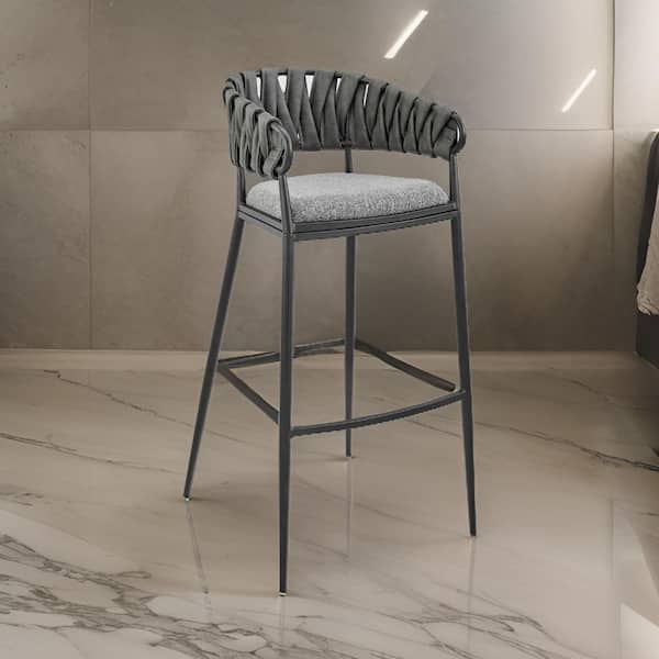 Benjara 30 in. Gray and Black Low Back Metal Frame Bar Stool with Faux Leather Seat