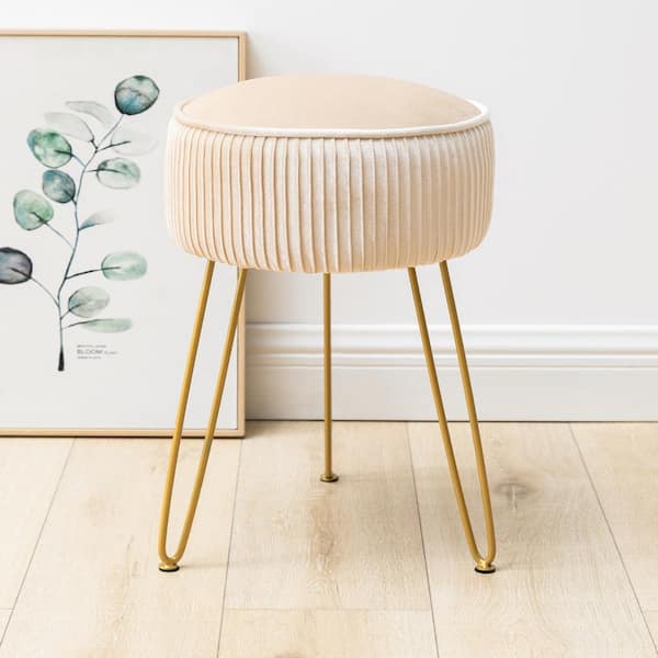 LUE BONA 18.5 in. Champagne color Velvet Round Upholstered Metal Vanity Stool with Gold Legs