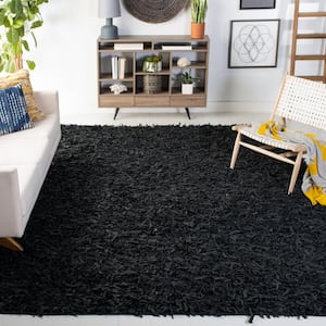 Leather Shag Black 5 ft. x 5 ft. Square Solid Area Rug