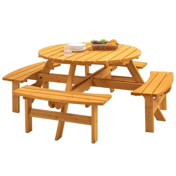 Unbranded 70 in. 8-Person Yellow Wooden Picnic Table, Outdoor Camping Dining Table with Seat, Garden, DIY with4 Built-in Benches