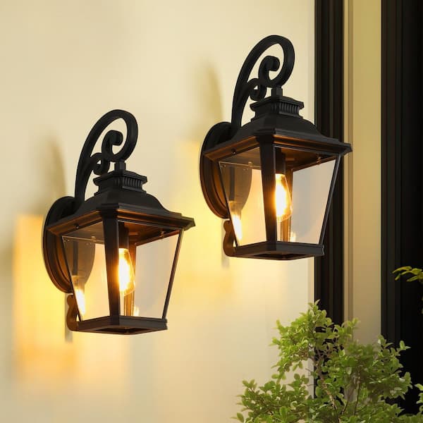 21 in. 1-Light Matte Black Hardwired Outdoor Wall Light Lantern Sconce with Clear Glass Shade (2-pack)
