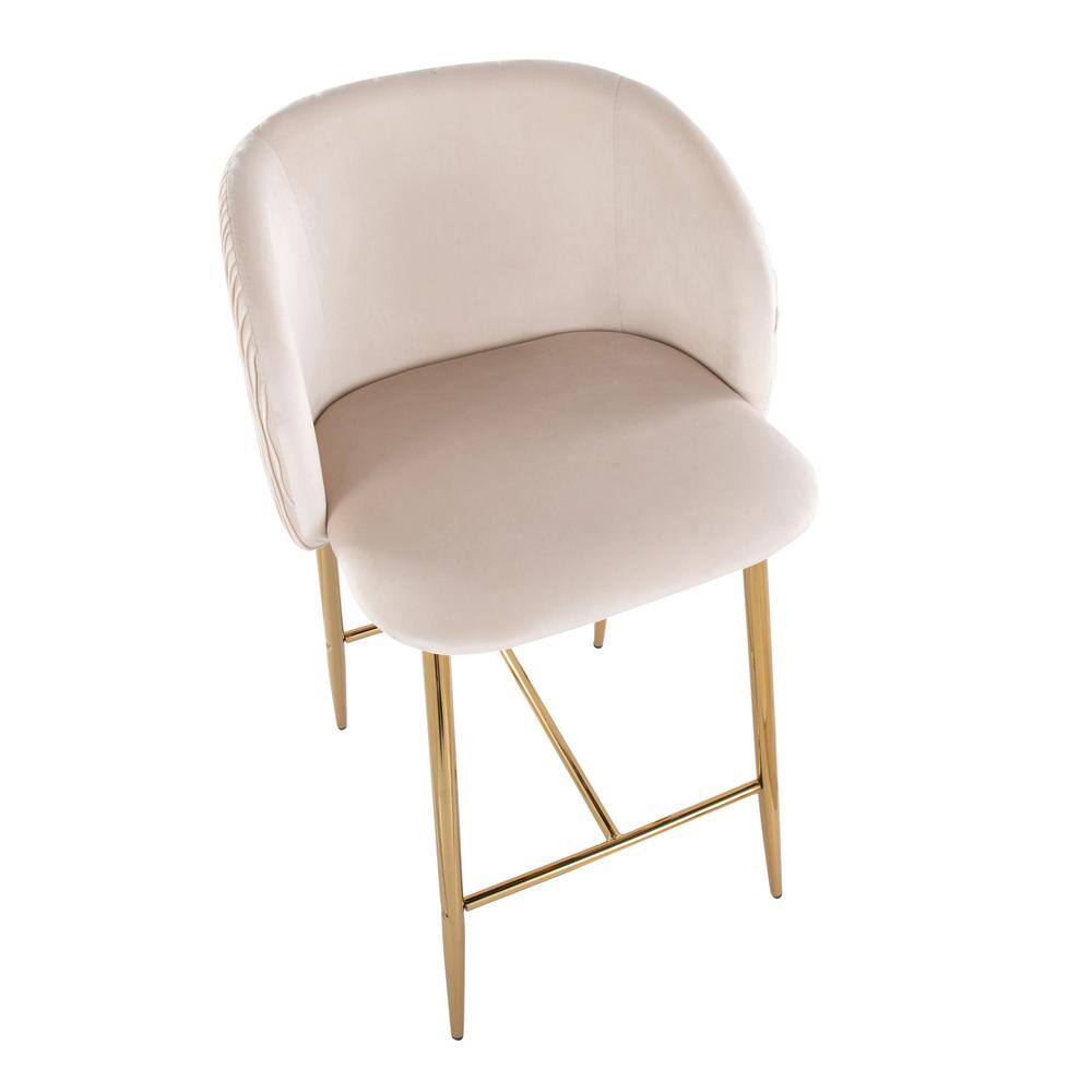 Fran Pleated Waves Gold Metal and White Velvet Counter Stools, Set of 2