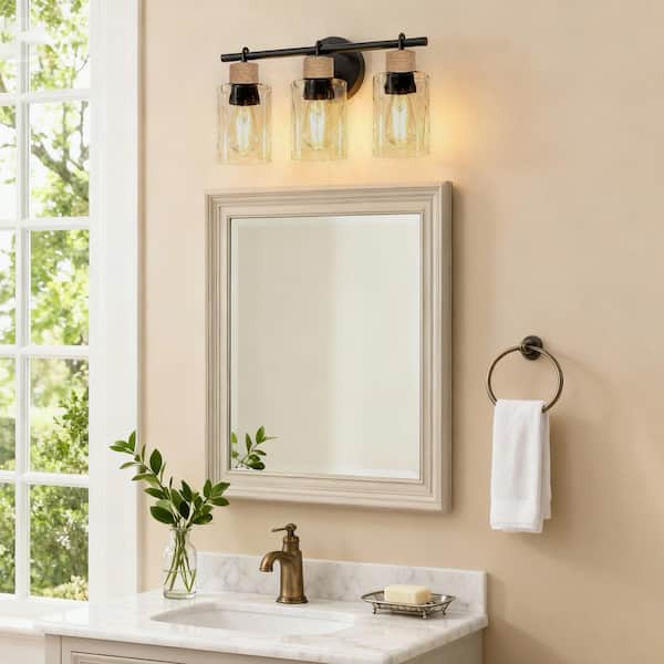 24 in. 3-Light Coastal Black Vanity Light with Clear Water Glass, Bathroom Wall Light Over Mirror