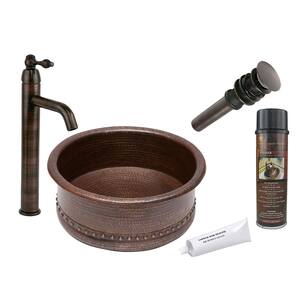 All-in-One Tub Hammered Copper Round Vessel Sink with ORB Single Handle Vessel Faucet, Matching Drain and Accessories