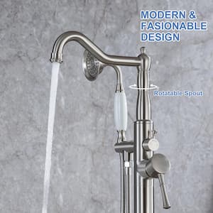 Singe-Handle Floor Mount Freestanding Tub Faucet with Hand Shower in Brushed Nickel