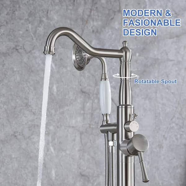 Singe-Handle Floor Mount Freestanding Tub Faucet with Hand Shower in Brushed Nickel