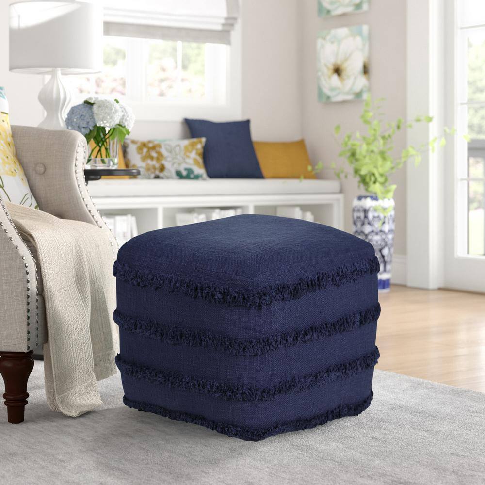 Contemporary Navy Blue Cotton Tufted Pouf Ottoman