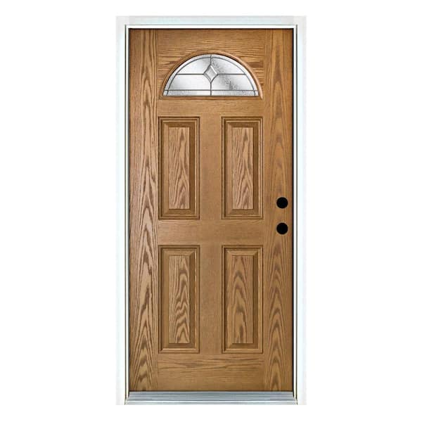 MP Doors 32 in. x 80 in. Left-Hand Inswing Fan Lite Valentia Decorative Glass Light Oak Stained Fiberglass Prehung Front Door