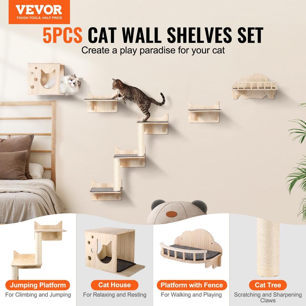 Natural Pine Wood Wall Mounted Cat Playground Set