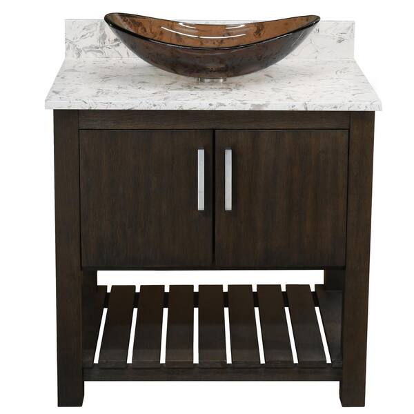 Novatto Ocean Breeze 31 in. W x 22 in. D x 31 in. H One Clear Tea Sink with CH Drain Bath Vanity in Cafe w/Cafe Mocha Quartz Top
