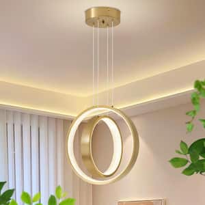 Modern 2-Light Dimmable Integrated LED Gold Pendant Light Ring Chandelier Adjustable Height for Dining Room Living Room