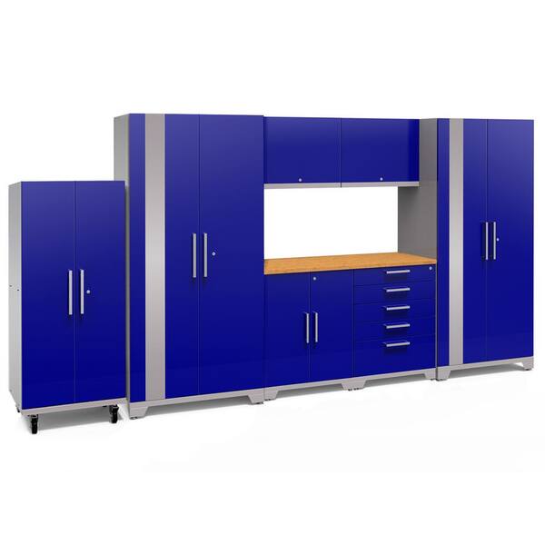 NewAge Products Performance Plus 2.0 156 in. W x 83.25 in. H x 24 in. D Steel Garage Cabinet Set in Blue (8-Piece) with Bamboo Worktop