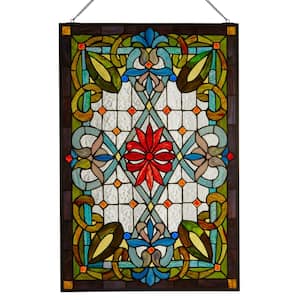 Geometric Pub Panel with Flourishes and Flowers Multicolored Stained Glass Window Panel