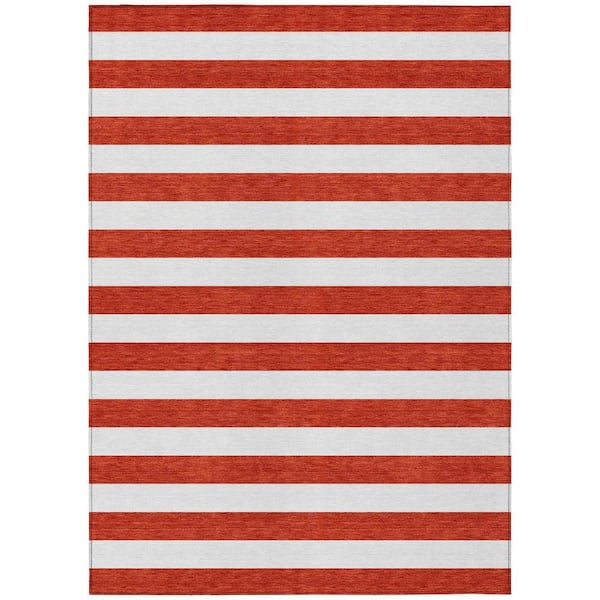 Red and White 5 ft. x 8 ft. Woven Striped Polyester Rectangle Indoor/Outdoor Area Rug