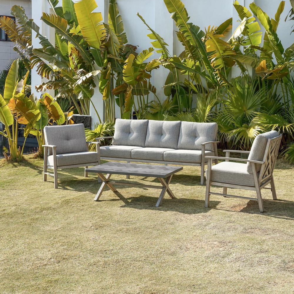 Vintage Gray 4-Piece Aluminum Outdoor Patio Conversation Sofa Set with Coff