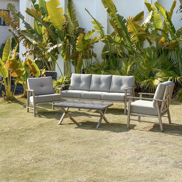 Unbranded Vintage Gray 4-Piece Aluminum Outdoor Patio Conversation Sofa Set with Coffee Table and Gray Cushions