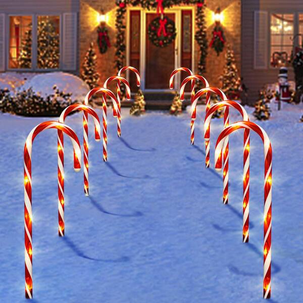 OGETFUUR 10-Piece 21 in. Solar Waterproof Candy Cane Lights with 8