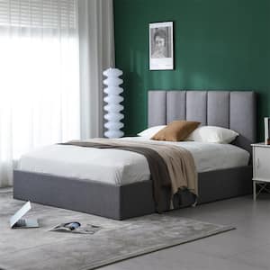 Gray Plywood Frame Full Upholstered Platform Bed with Lifting Storage