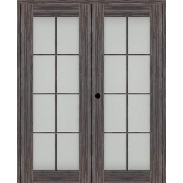 Paola 72 in. x 96 in. Right Hand Active 8-Lite Frosted Glass Gray Oak Wood Composite Double Prehung French Door