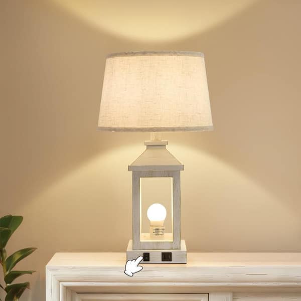 52 in. White LED Table Lamp Interior Lighting with Linen Shade and USB Port , 2 Bulb included