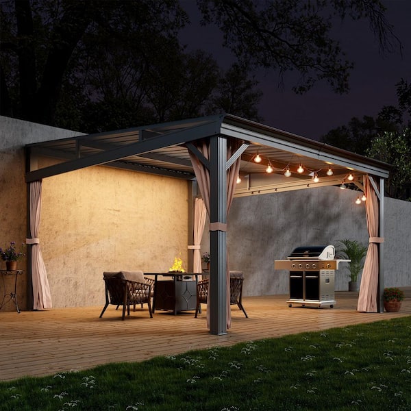 10 ft. x 12 ft. Outdoor Patio Aluminum Frame Lean-To Hardtop Gazebo with Galvanized Steel Roof, Curtains and Netting