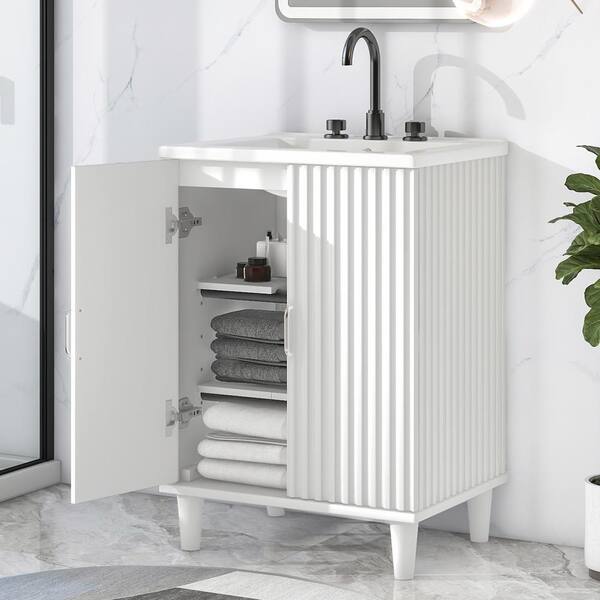 Tenleaf 24 in. W Single Sink Freestanding Bath Vanity in White with White Ceramic Top and Adjustable Shelves