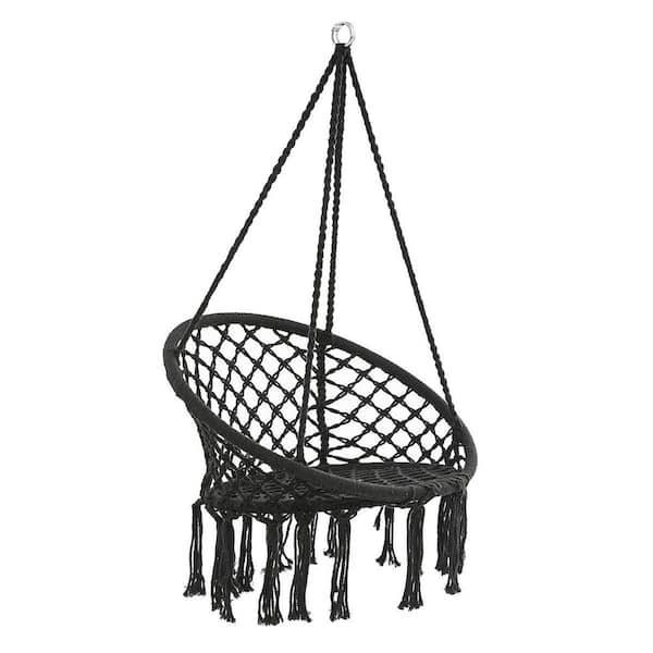 Sudzendf 2.63 ft. Indoor/Outdoor Black Cotton Rope Hammock Patio Swing Chair