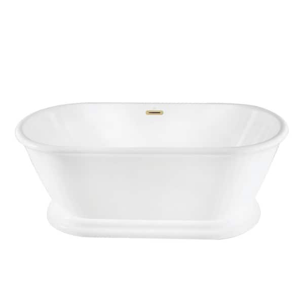 Aqua Eden 66 in. x 30.5 in. Acrylic Flatbottom Soaking Freestanding Bathtub in Glossy White/Polished Brass with Drain