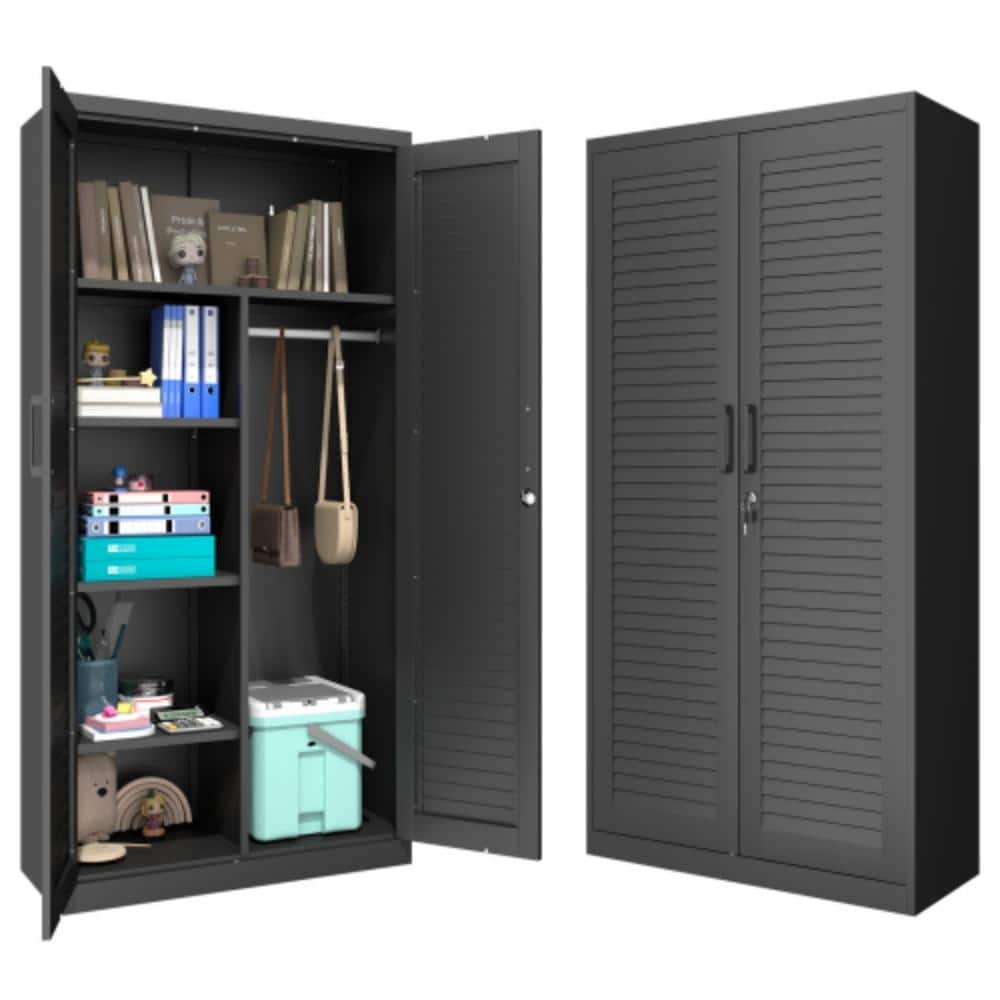 Wide Metal Garage Storage Cabinet with Hanging Rod & Lock, Black Steel Tool Organizer for Garage price history on PriceWatchPro