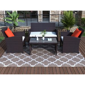 Brown 4-Piece Wicker Patio Conversation Set with Beige Cushions and Coffee Table