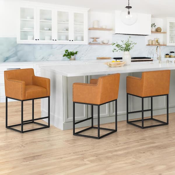 LUE BONA Luna 26 in. Whiskey Brown Faux Leather Counter Bar Stool with Black Metal Frame Square Counter Stool Set of 3