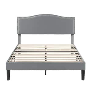 Upholstered Bed Gray Metal Frame Queen Platform Bed with Upholstered Headboard Strong Bed Frame and Wooden Slats Support