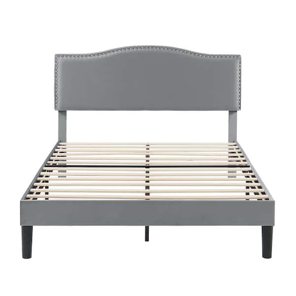 VECELO Upholstered Bed Gray Metal Frame Queen Platform Bed with Upholstered Headboard Strong Bed Frame and Wooden Slats Support