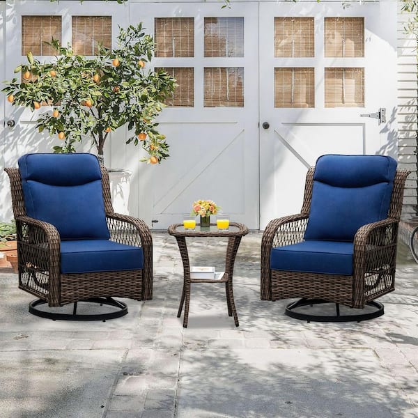 3-Piece Wicker Patio Conversation Set with 5 in. Thick Blue Cushions, High Back Outdoor Swivel Rocker Chairs Set