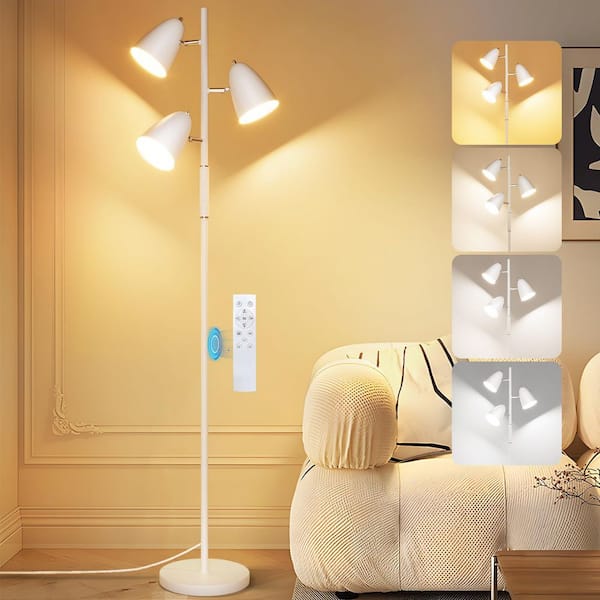 70 in. White LED Tree Floor Lamp, Dimmable with 3 Rotatable Heads, 4-Color Temps, Remote and Touch Control