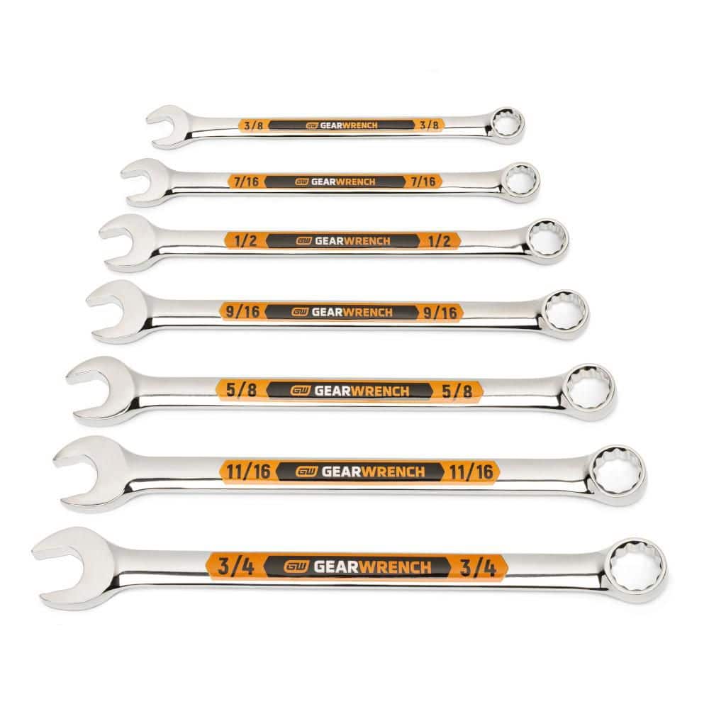 GEARWRENCH 12-Point SAE Hi-Viz Long Beam Combination Wrench Set with Tool Roll (7-Piece) (81933H)