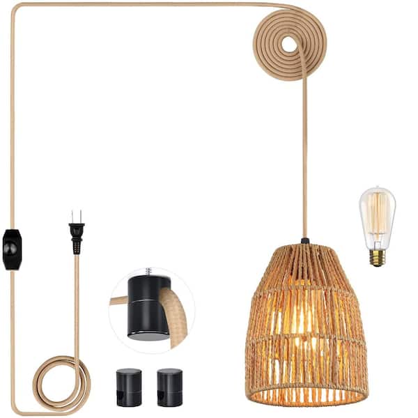 Boho Plug-In Pendant Light with Handwoven Hemp Rope Shade, 15 ft Golden Cotton Cord and Stepless Dimmer Switch