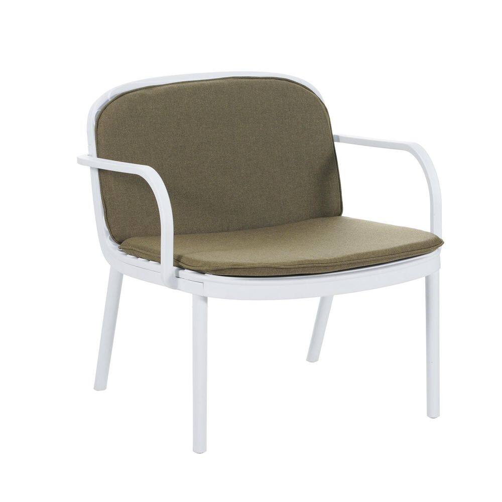 Front view of a white outdoor lounge chair with an olive green cushion.