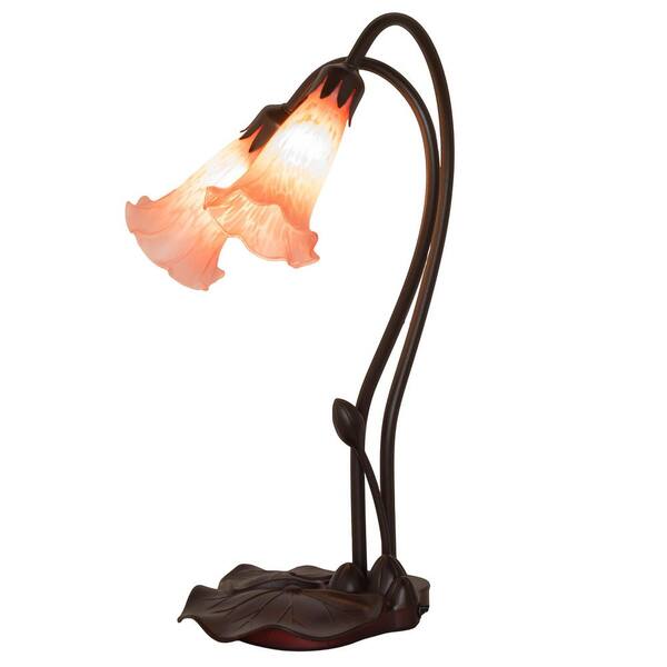 Pond Lily 16 in. Mahogany Bronze Novelty Victorian Accent Table Lamp with Pink Glass Shade