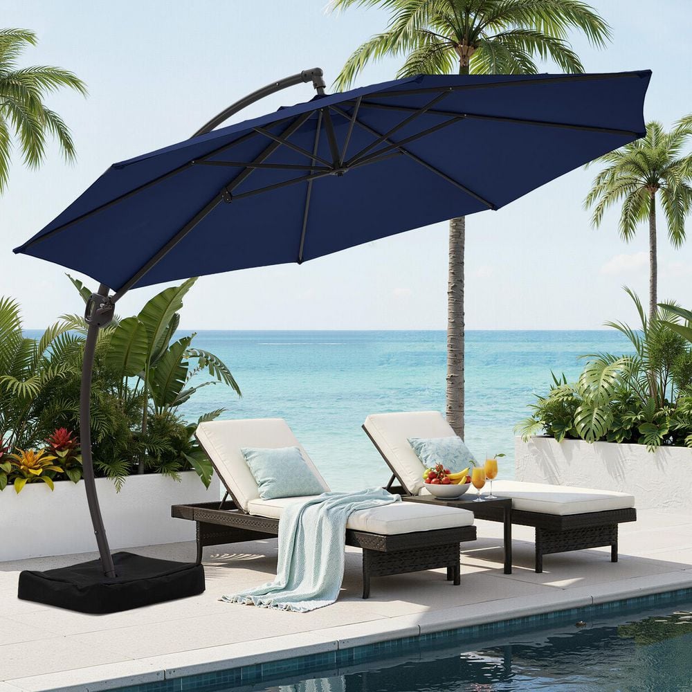 california umbrella navy offset 11-ft patio umbrella with base JEAREY 11 ft. Outdoor Cantilever Offset Umbrella Patio Umbrella with Sandbag and Cover in Navy