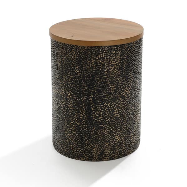 LuxenHome 15.7 in. Black and Gold Round Hammered Iron Metal Table with MDF Wood Top
