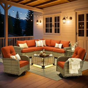 Aimee 9-Piece Wicker Patio Conversation Seating Sofa Set with Orange Red Cushions and Swivel Rocking Chairs