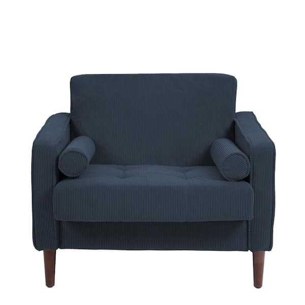 Uixe Mid-Century Modern Navy Blue Corduroy Fabric Upholstery Arm Chair with 2 Bolster Pillows (Set of 1)