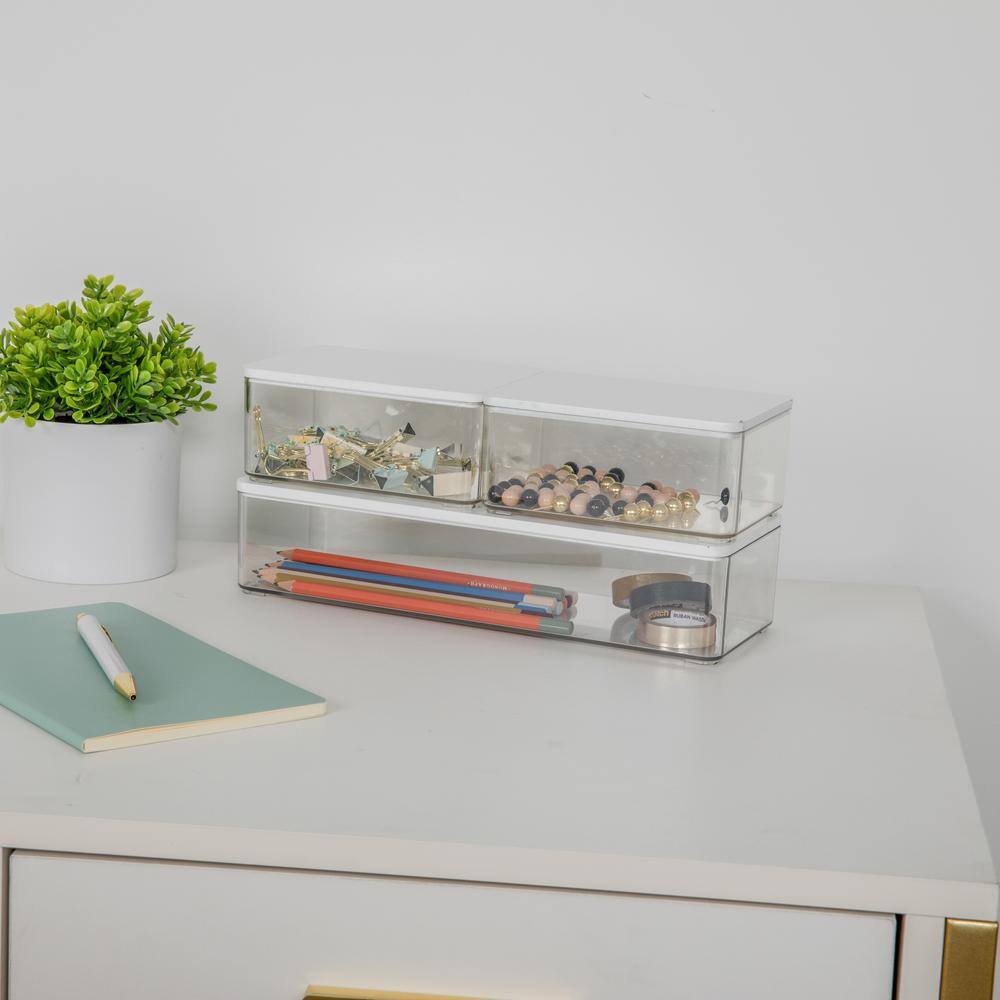Clear Plastic Stackable Storage Boxes with White Lids, Set of 3