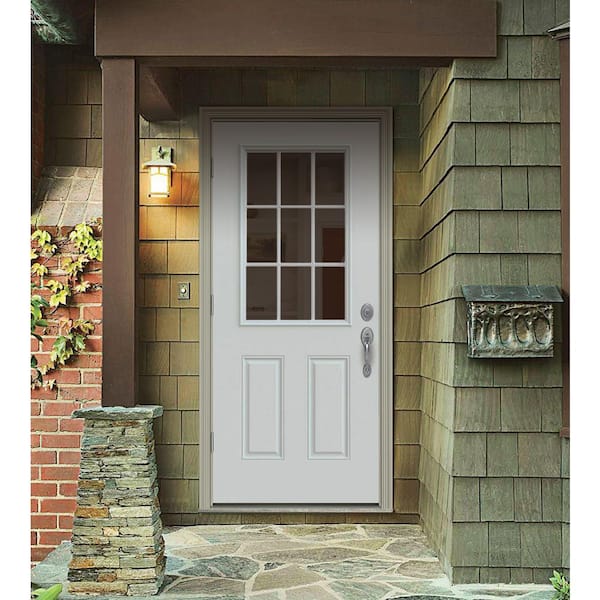 30 in. x 80 in. 9 Lite White Painted Steel Prehung Right-Hand Outswing Entry Door w/Brickmould