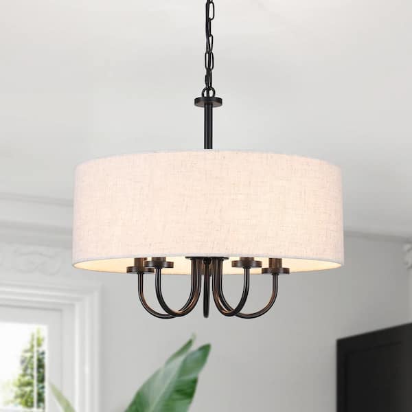 5-Light Black Candle Design Hanging Linear Chandelier Lighting with Cloth Shade for Kitchen Island