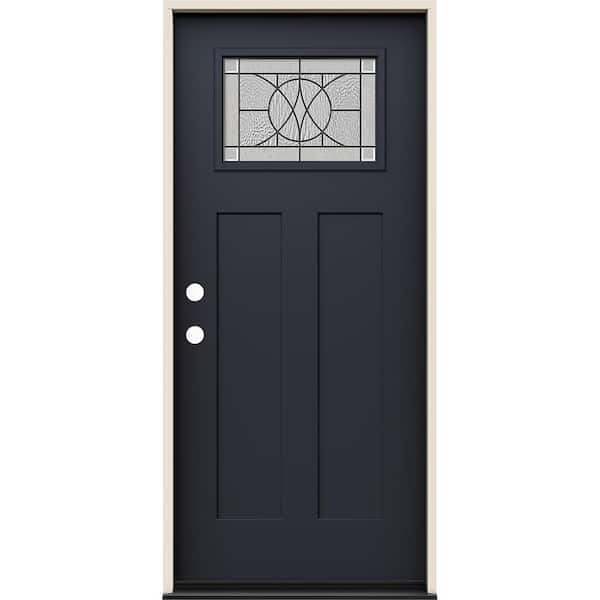 JELD-WEN 36 in. x 80 in. Right-Hand 1/4 Lite Craftsman Tryon Decorative Glass Black Fiberglass Prehung Front Door