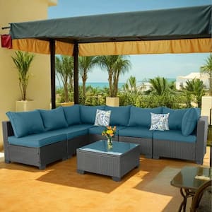 Black 7-Piece Wicker Outdoor Sectional Set with Glass Table and Peacock Blue Cushions