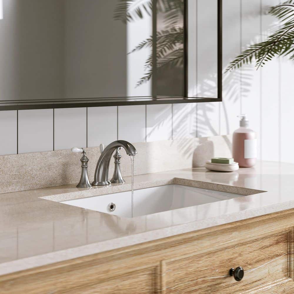 White Rectangular Ceramic Undermount Bathroom Sink with Overflow Hole