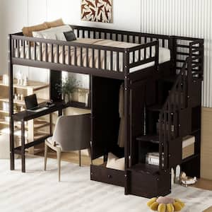 Espresso Twin Wooden Loft Bed with Wardrobe, Drawer, Desk, Bookshelf and Storage Staircase